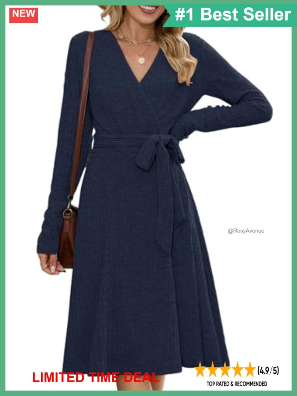 Ribbed Knit Wrap V Neck Long Sleeve Midi Sweater Dress Belted